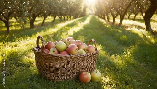 A woven basket, filled with freshly picked apples, on a sun-drenched orchard path