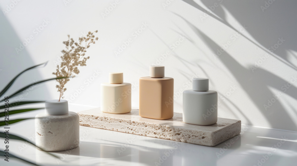 Minimalistic composition featuring polished stone decor on a white surface, complemented by soft shadows and the organic touch of a vase with delicate branches and green leaves Minimalistic composition featuring polished stone decor on a white surface, complemented by soft shadows and the organic touch of a vase with delicate branches and green leaves