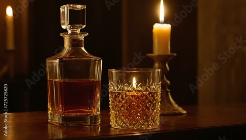 A crystal decanter  filled with amber whiskey  catching the light of a flickering candle