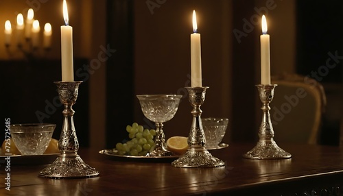 A set of silver candlesticks, engraved with intricate designs, adorning a dining table