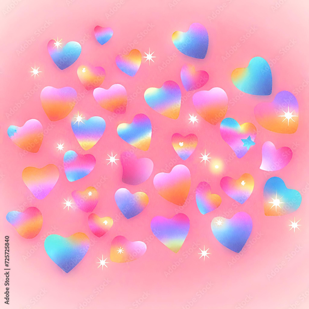 Hearts of various colors, beautiful, glowing, twinkling.