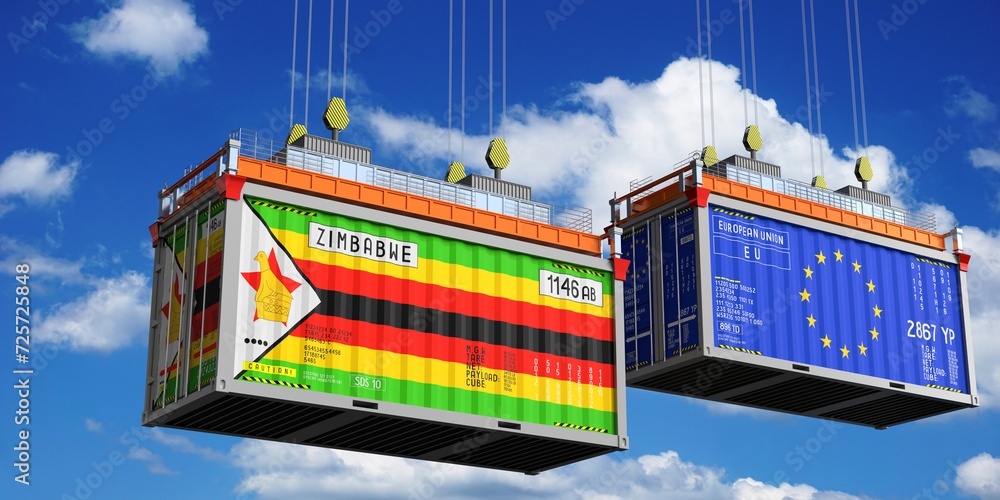 Shipping containers with flags of Zimbabwe and European Union - 3D illustration Shipping containers with flags of Zimbabwe and European Union - 3D illustration