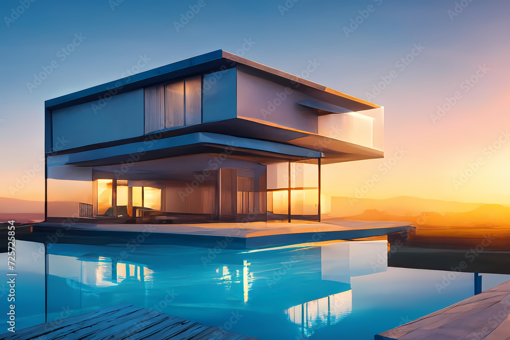 Modernes Designer Haus mit Pool im Sonnenuntergang und sanften Farben