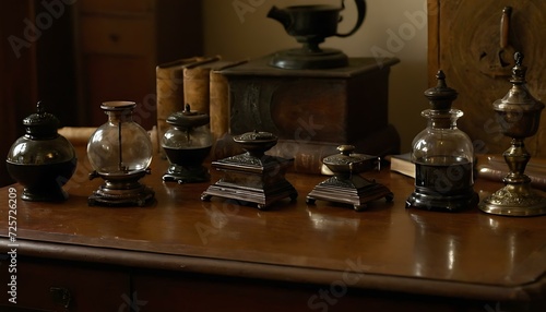 A collection of antique inkwells, each one bearing the patina of time, on a writing desk