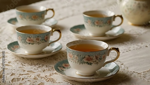A set of ceramic tea cups, painted with delicate floral patterns, on a lace table runner