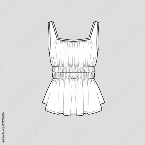 Sleeveless Smocked Shirred top square neck smocking detail  elastic gatherings fashion top vest tank t shirt clothing flat sketch technical drawing template design vector