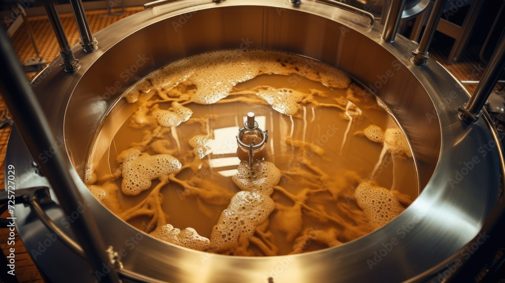 Fermenting of a beer in an open fermenters in a brewery. StockFoto