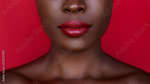 Red lips make up. close up portrait of fashion african American model with stylish professional makeup isolated on red background