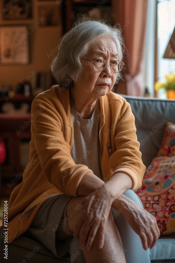 An older woman is pictured sitting on a couch in a living room. This image can be used to depict relaxation, comfort, or a cozy home environment An older woman is pictured sitting on a couch in a living room. This image can be used to depict relaxation, comfort, or a cozy home environment