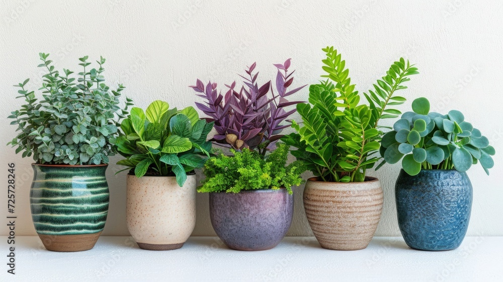 Potted indoor plants lined up on a white surface, promoting urban gardening and interior greenery