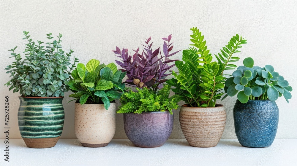 Potted indoor plants lined up on a white surface, promoting urban gardening and interior greenery Potted indoor plants lined up on a white surface, promoting urban gardening and interior greenery