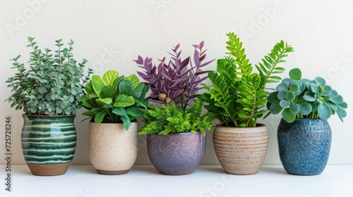 Potted indoor plants lined up on a white surface  promoting urban gardening and interior greenery