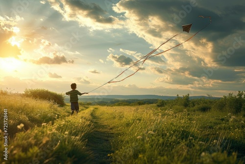 A boy runs after a kite in a meadow. Flying kites in the countryside. Child running in the field 