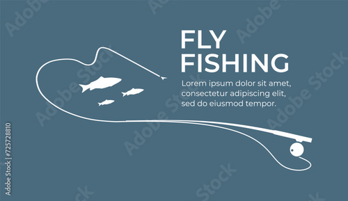 Fishing and active hobby. Fly fishing rod with fishing line. Fish biting a fly lure. Fly fishing on bait on the lake or river. Leisure. Оutdoor recreational. Vector illustration flat design. Isolated