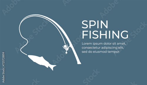 Fishing and active hobby. Fishing spining rod with fishing line. Fish biting a lure. Spin fishing on wobbler bait on the lake or river. Leisure. Оutdoor recreational. Vector illustration flat design.
