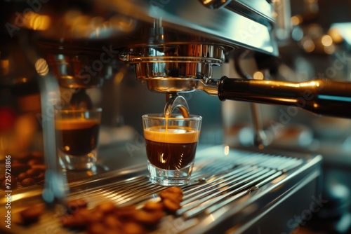 An espresso machine preparing a delicious cup of coffee. Perfect for illustrating the process of making coffee or showcasing coffee culture in cafes and restaurants
