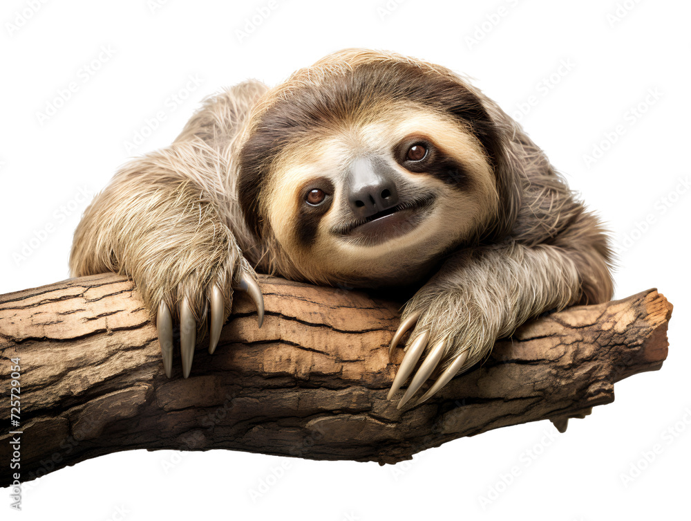 Sloth Hanging from a Tree Branch, isolated on a transparent or white background