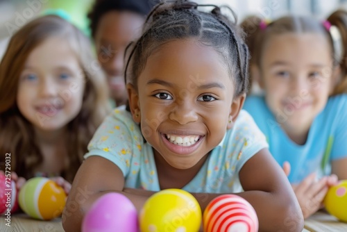 Multicultural kids joyfully searching for colorful Easter eggs in a sunny outdoor setting.