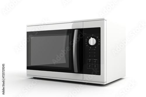 A white microwave oven sitting on top of a counter. Suitable for kitchen appliance concepts
