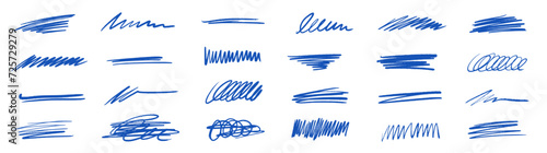Line brush marker, pen, pencil stroke vector. Blue line brush marker scribble sketch underline. Hand drawn doodle pencil scratch mark. Scrawl texture underline effect. Vector illustration.