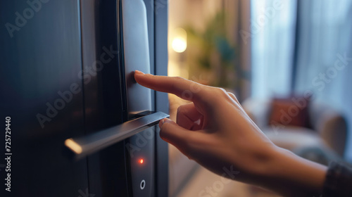 Closeup of woman finger entering password code on the smart digital touch screen keypad entry door lock in front of the room. Smart device concept.