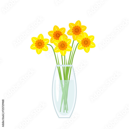 Daffodils in glass vase. Beautiful spring flowers. Vector cartoon flat illustration.