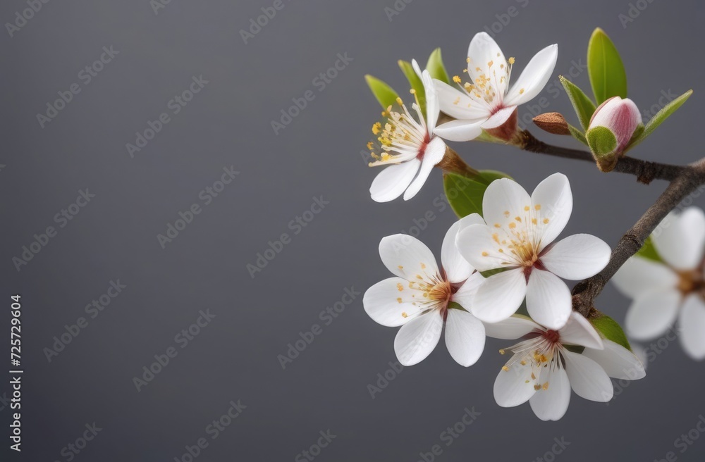 A stem with almond tree flowers on the right on a gray background. Suitable for branding and cosmetics packaging. Сopy space.