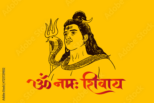 ‘Om Namh Shivay’ Hindi calligraphy, Lettering means Lord Shiv Shankar, Himalaya mountain background and Lord Shiva Illustration, Traditional Festival Poster Banner Design Template Vector Illustration