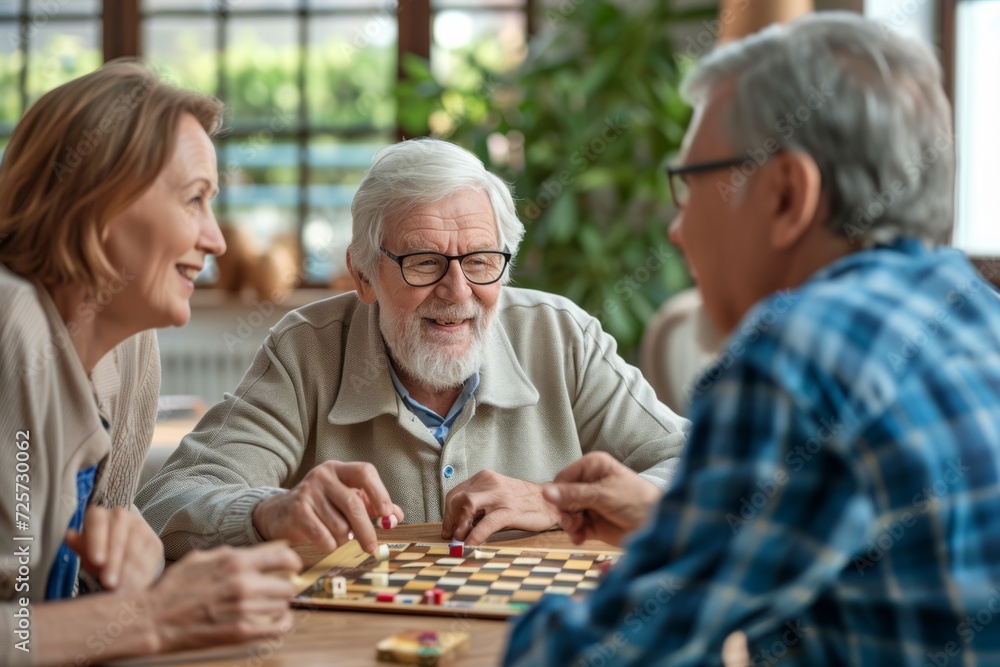 A group of seniors engaged in a lively board game, with a focus on a bearded man laughing and enjoying the moment, embodying leisure and camaraderie. A group of seniors engaged in a lively board game, with a focus on a bearded man laughing and enjoying the moment, embodying leisure and camaraderie.