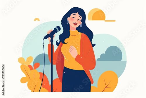 Beautiful brunette woman singing to microphone. AI Generated