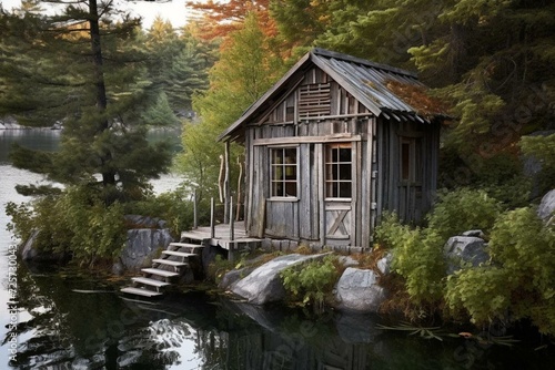 small lakeside cabin made of weathered wood. Generative AI © Thessaly