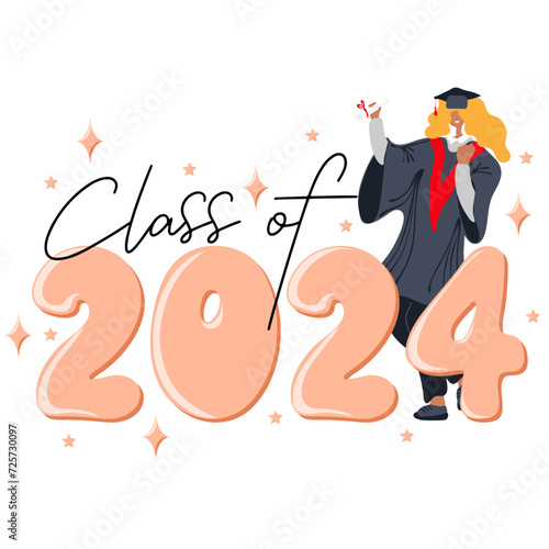 Class of 2024, congratulations. Handwritten text with graduation cap and dancing graduate. Template for design party high school or college, graduate invitations or banner. Vector illustration