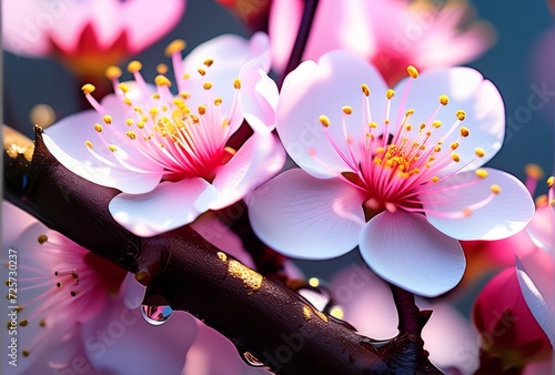 Blooming spring flowers on tree branch close up photography photo