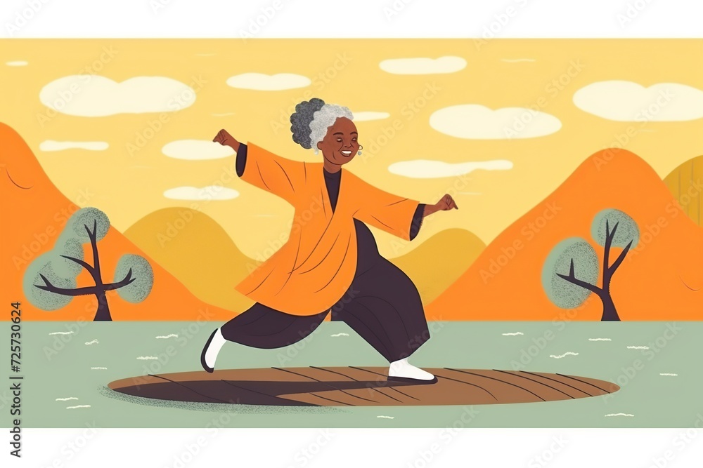 Obraz premium Older afro woman doing Tai Chi. AI Generated