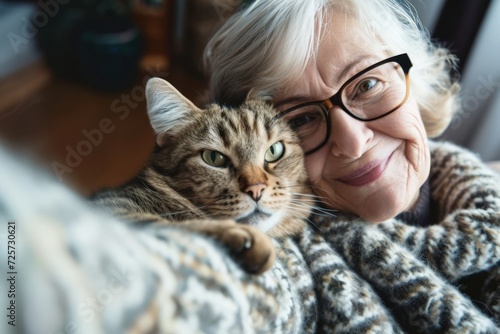 An elderly woman with stylish glasses and a warm smile embraces a tabby cat while taking a close-up selfie, both looking into the camera with a cozy indoor setting behind them.