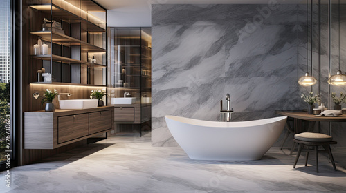 A luxurious bathroom with marble accents and sleek modern design