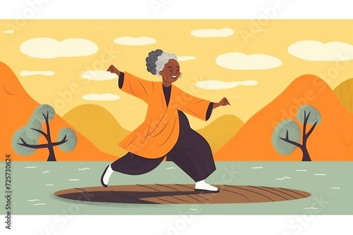 Older afro woman doing Tai Chi. AI Generated