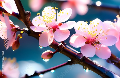 Blooming spring flowers on tree branch close up photography photo