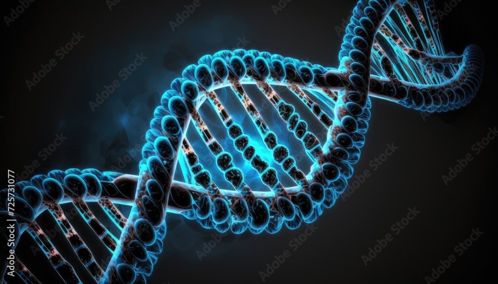 Deoxyribonucleic acid from blue cells on a black background, blue DNA spirals, Generative AI.