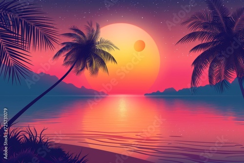 A vivid retro-styled illustration of a tropical sunset, with palm trees silhouetted against a neon sky, reflecting on a calm sea, invoking nostalgia and tranquility. © Maria