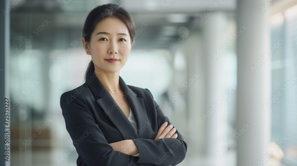Diverse Middle-Aged Korean Businesswoman Portraying Confidence and Leadership in a Bright Office Environment Diverse Middle-Aged Korean Businesswoman Portraying Confidence and Leadership in a Bright Office Environment