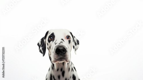 Dalmatian peeking into the frame on a white background 