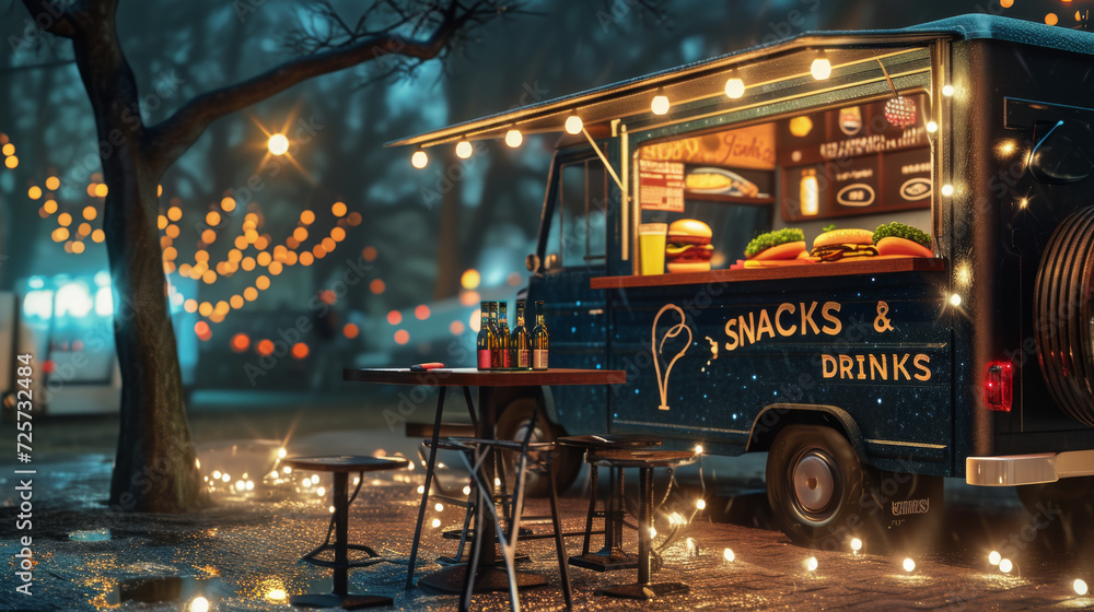 vibrant food truck at night illuminated by string lights vibrant food truck at night illuminated by string lights