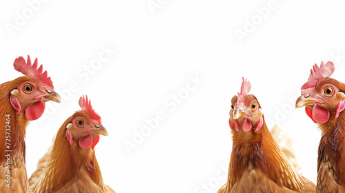 chickens peeking into the frame from the right on a white background