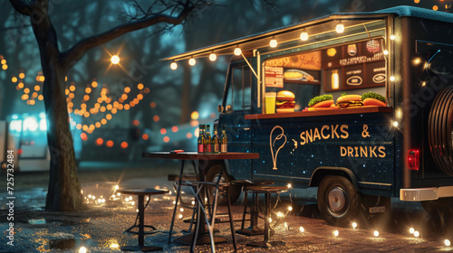 vibrant food truck at night illuminated by string lights