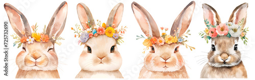 Easter bunny wearing a flowers crown, Colorful watercolor cute rabbit toy isolated on white background. Celebration Illustration set and Spring decorations. Cut out PNG on transparent background.