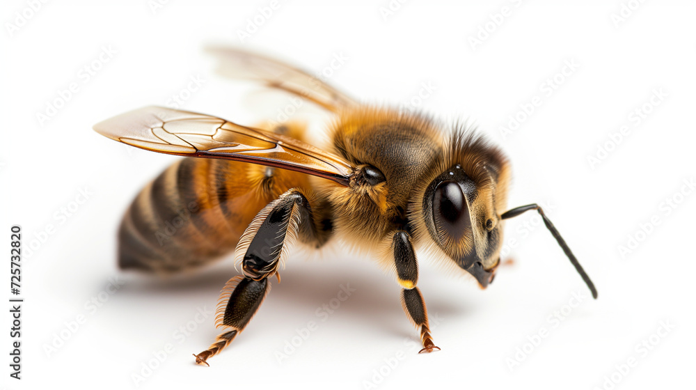 Bee peeking into the frame from the right on a white background Bee peeking into the frame from the right on a white background