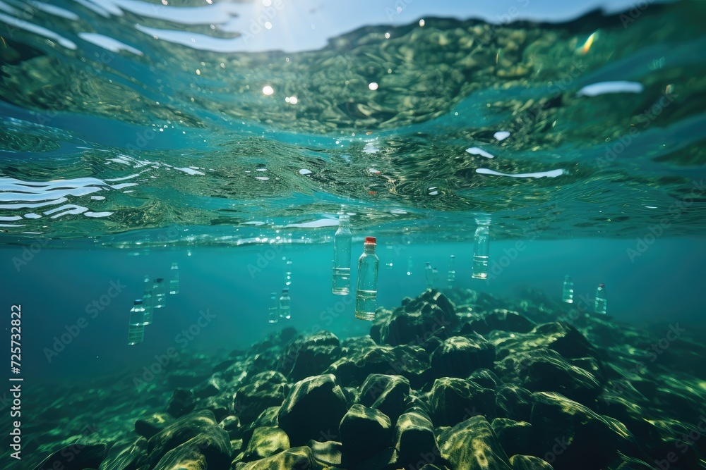 Fototapeta premium Problematic plastic bottles and microplastics floating in the open ocean. Marine plastic pollution concept