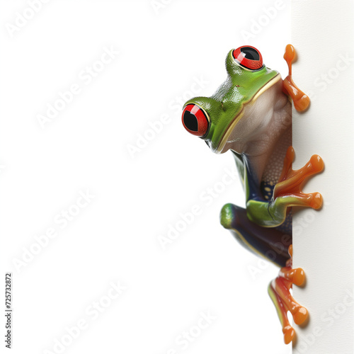 frog peeking into the frame from the right on a white background