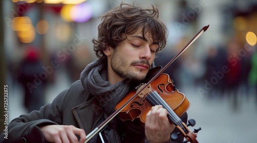 A young musician with closed eyes and a gentle expression plays his violin, the bow gracefully dancing across the strings, creating a bubble of classical melody against the blurred rush of the urban b